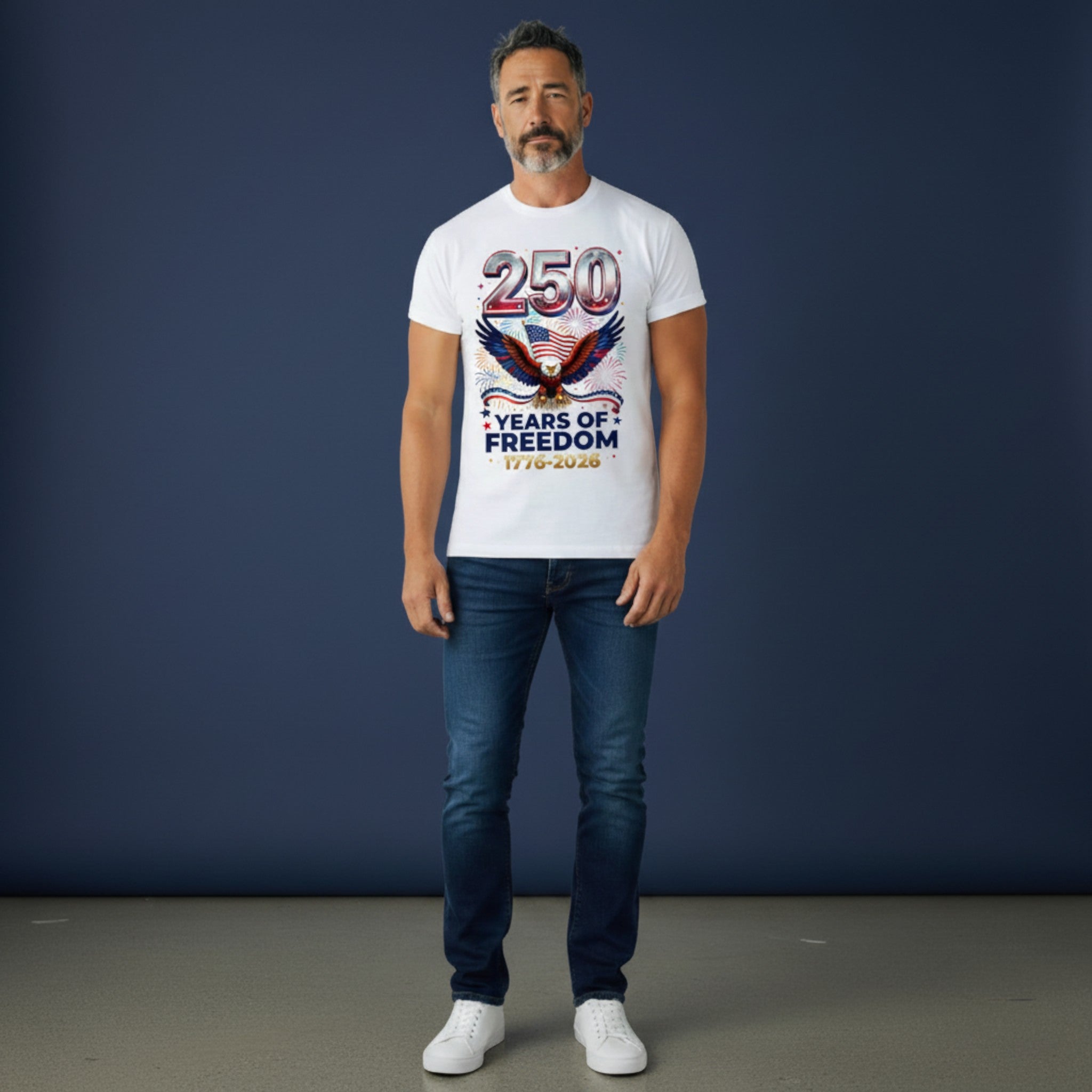 Here's the T's LLC 250 Years of Freedom design with an eagle holding the American flag, surrounded by fireworks and patriotic text.