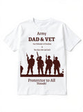 White t-shirt with a graphic of soldier silhouettes and patriotic text honoring Army Dads and Veterans.
