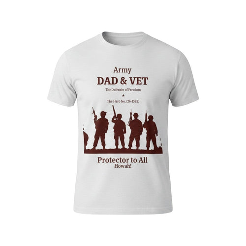 White cotton t-shirt with Army Dad & Vet graphic. Features soldier silhouettes and patriotic text. Here's the T's LLC.
