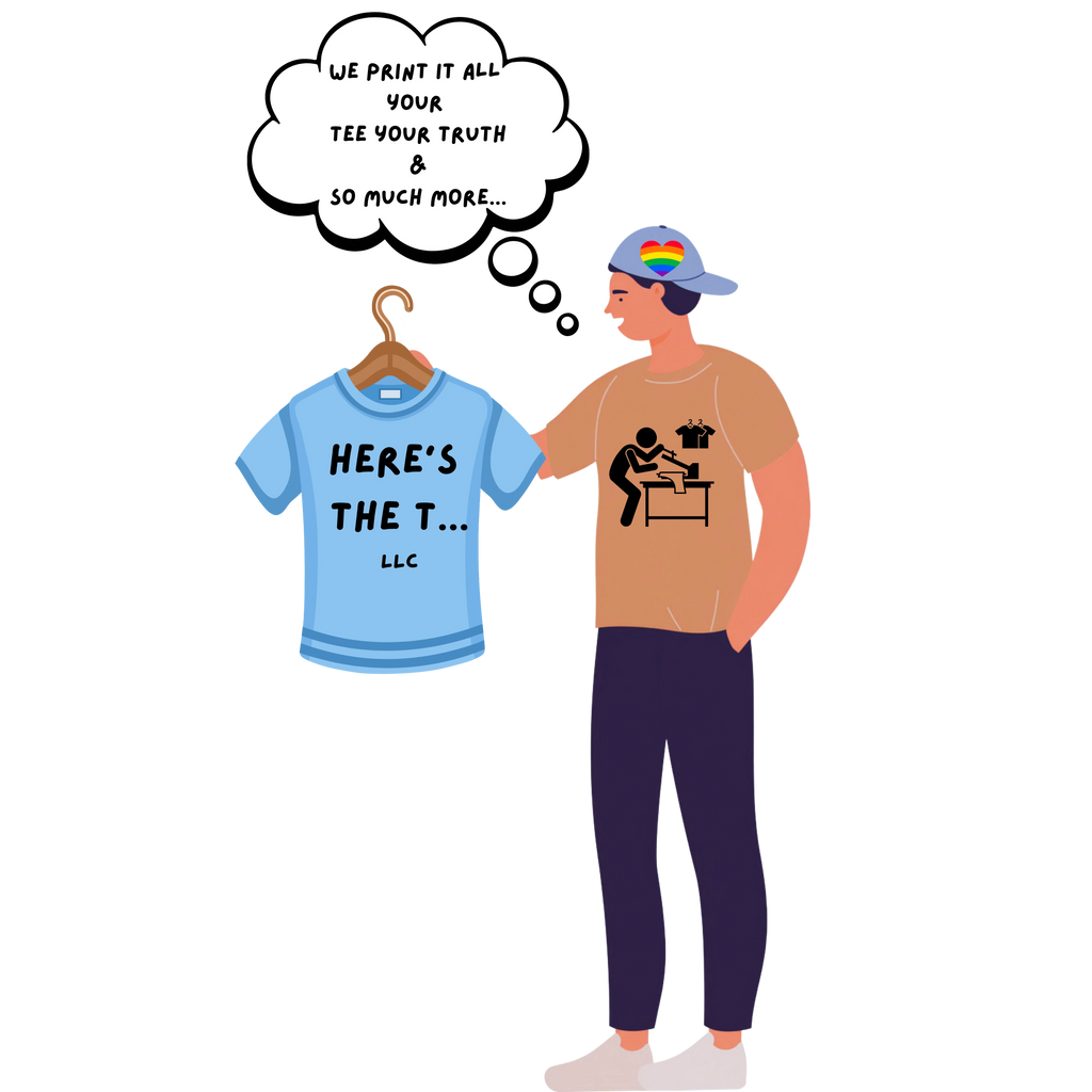 Here's the T... LLC light blue custom t-shirt with text and rainbow flag baseball cap.