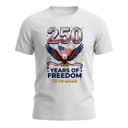 Here's the T's LLC 250 Years of Freedom eagle fireworks design with American flag and patriotic text.