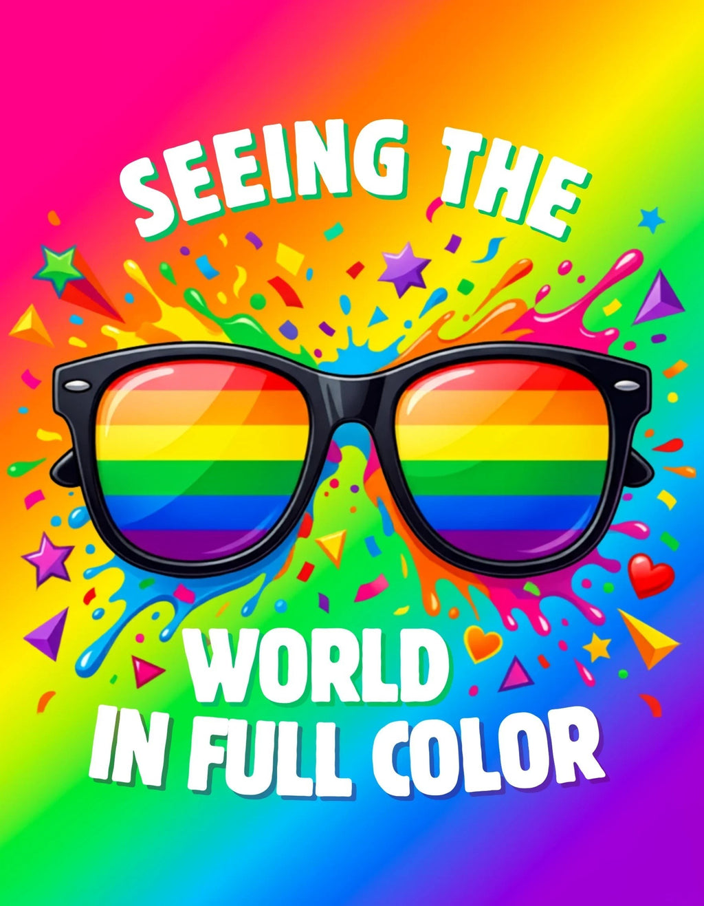 Here's the T's LLC black frame sunglasses with rainbow lenses and "Seeing The World In Full Color" text.
